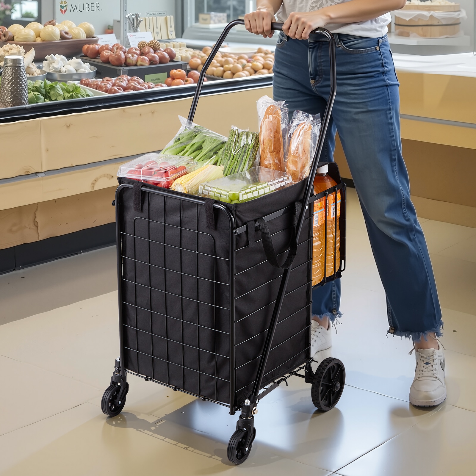 Heavy Duty Folding Shopping Cart With Dual Baskets And Wheels_voghion.com